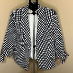 EUC Anne Klein XL Blue and White Blazer with Tie Sleeve detail